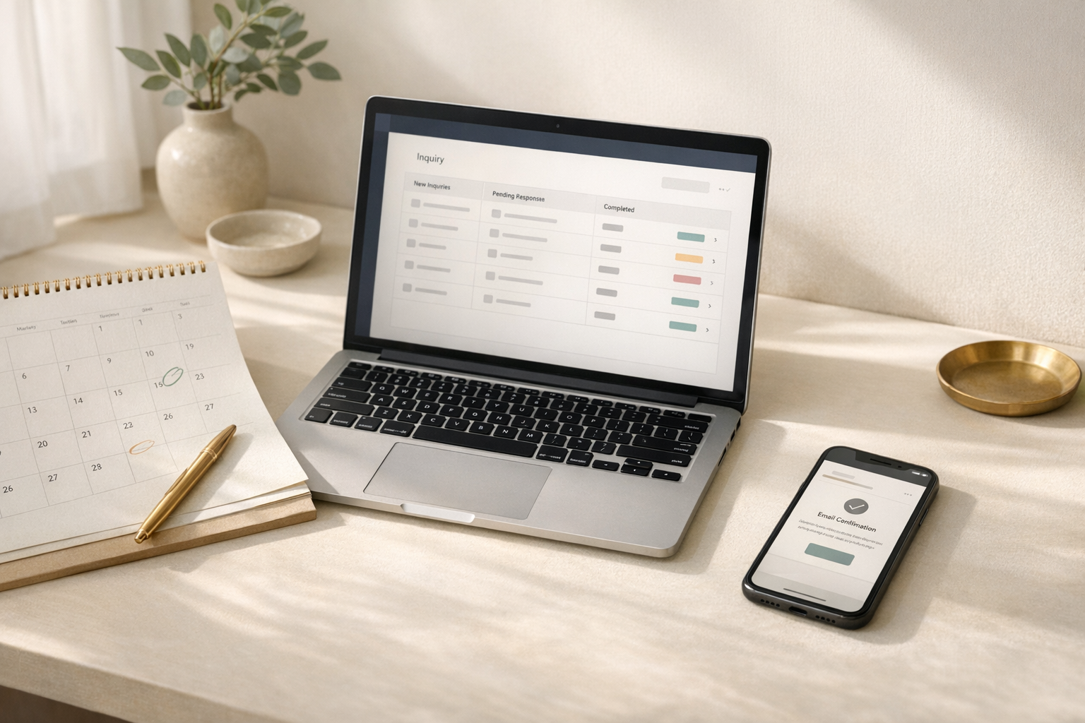 Wedding inquiry dashboard beside calendar and branded email mockup